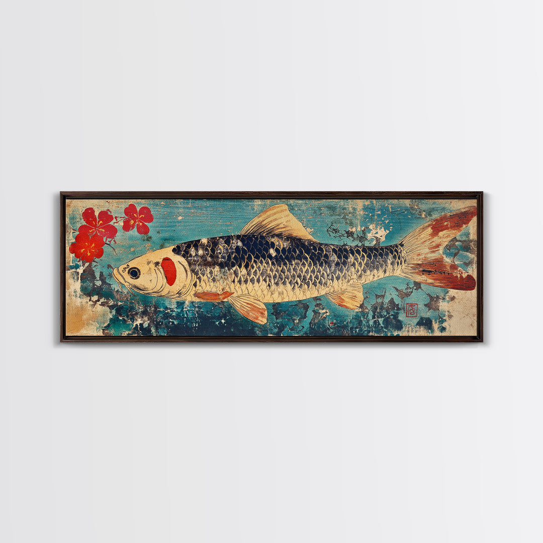Koi Fish With Red Blossoms On Blue Texture Wall Art, Japanese Framed Canvas Print, Asian Decor, Nature Inspired Art Print