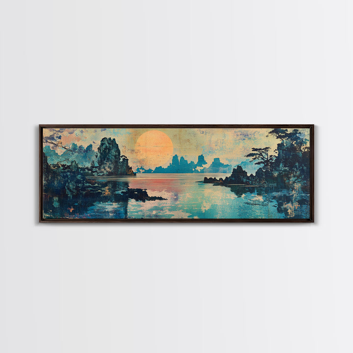 Serene Lake Sunset Framed Canvas Print, Japanese Landscape Wall Art, Coastal Home Decor, Living Room Art, Housewarming Gift