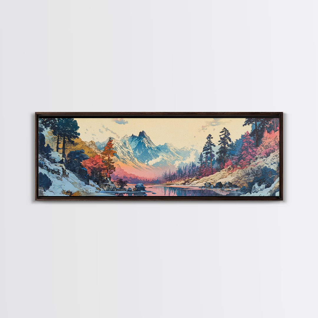 Snowy Mountain River Framed Canvas Print, Japanese Landscape Wall Art, Nature Wall Decor, Cabin Decor, Housewarming Gift