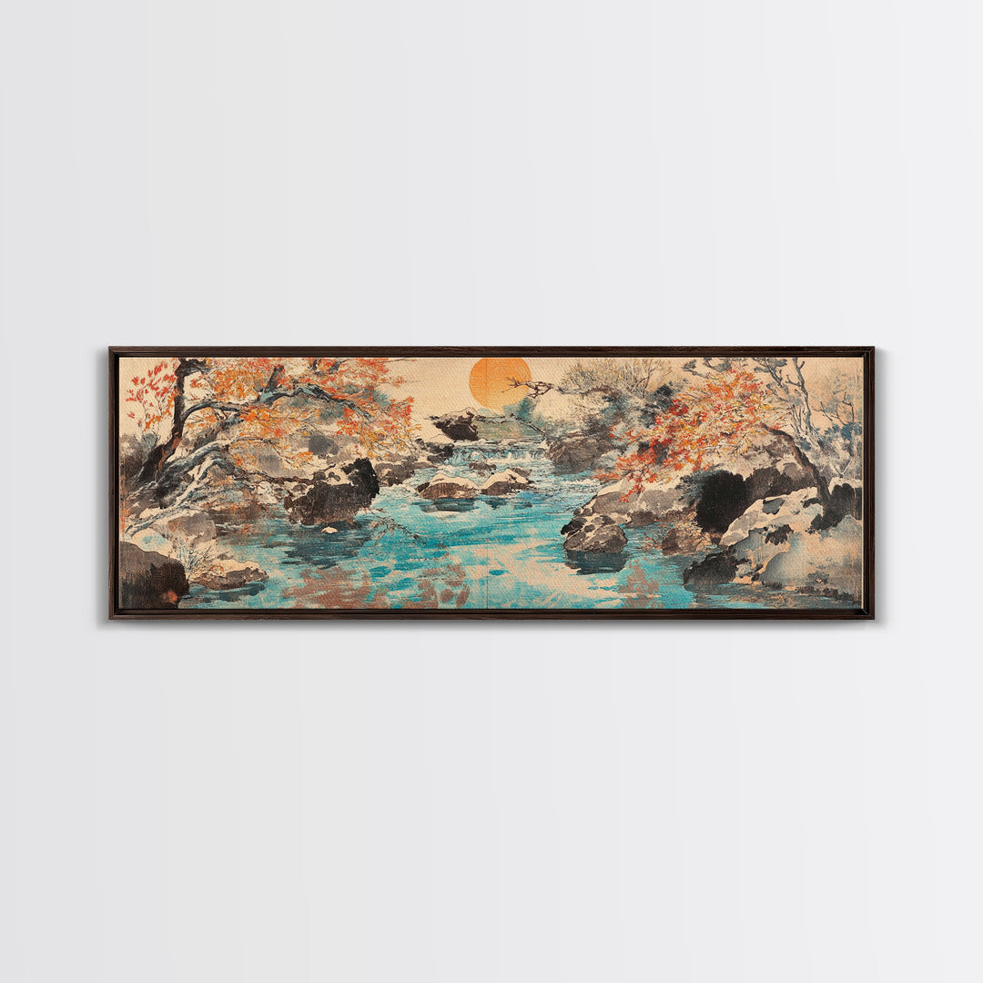 Autumn River Rocks Wall Art, Japanese Landscape Canvas Print, Nature Wall Decor, Rustic Home Decor, Calming Living Room Art
