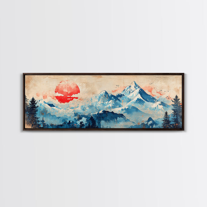 Blue Snowy Mountains And Red Sun Wall Art, Japanese Landscape Canvas Print, Minimalist Decor, Above Bed Art, Home Decor Print