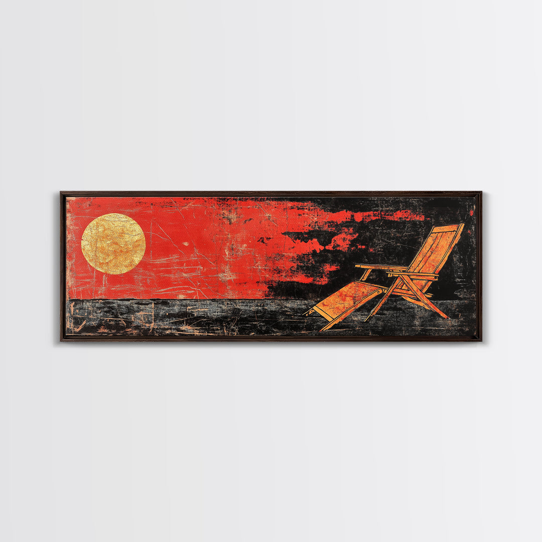 Red Sunset Beach Chair Wall Art, Coastal Lounge Canvas Print, Tropical Home Decor, Summer Ocean Poster For Living Room Decor