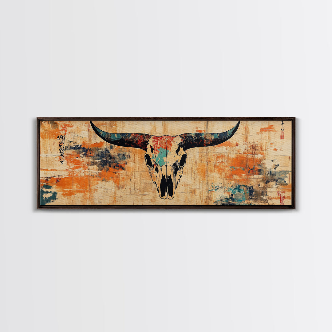 Longhorn Skull Wall Art, Western Rustic Canvas Print, Southwestern Cowboy Decor, Earth Tone Ranch Style Living Room Art Print