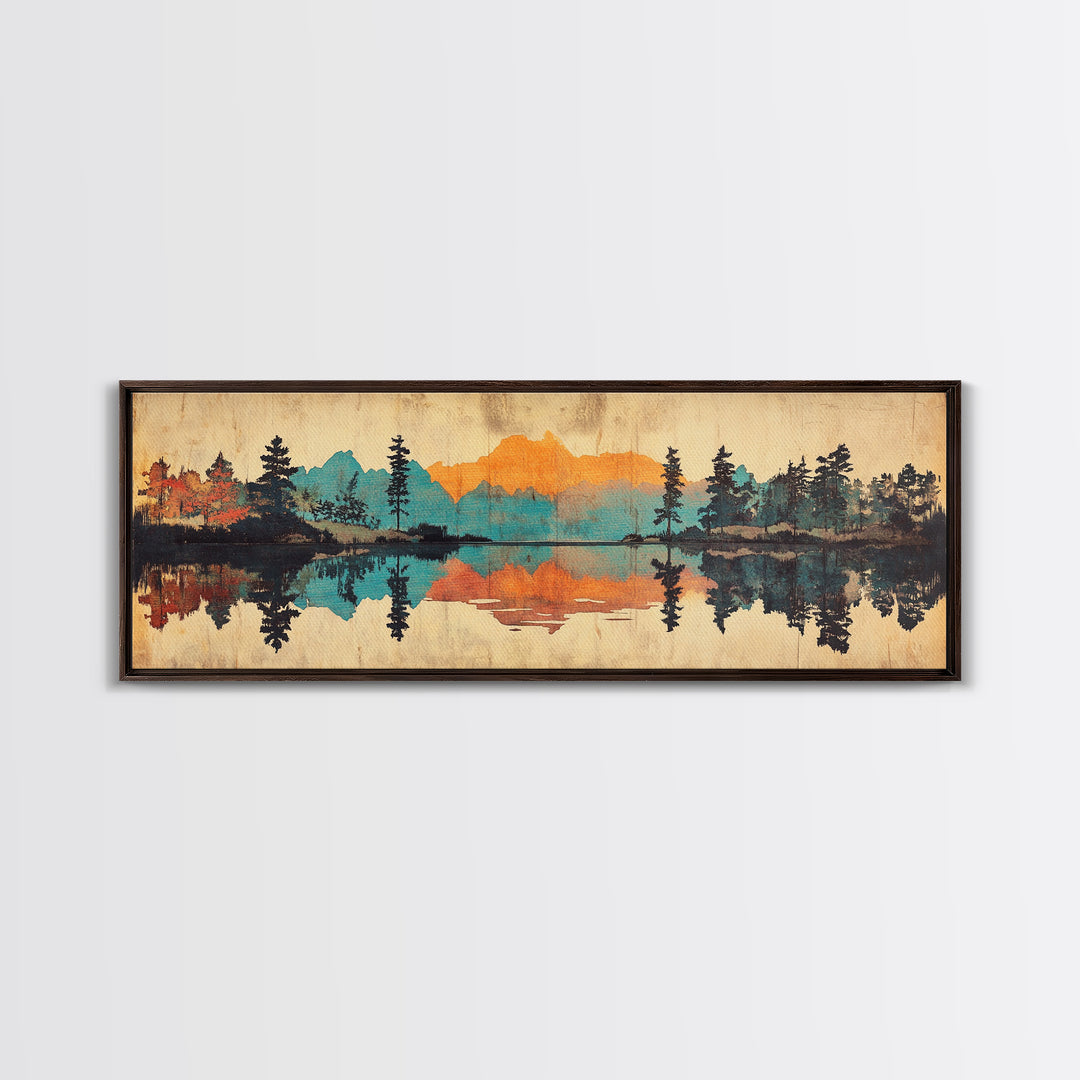 Mountain Lake Reflection Wall Art, Rustic Landscape Canvas Print, Cabin Home Decor, Panoramic Nature Art For Living Room