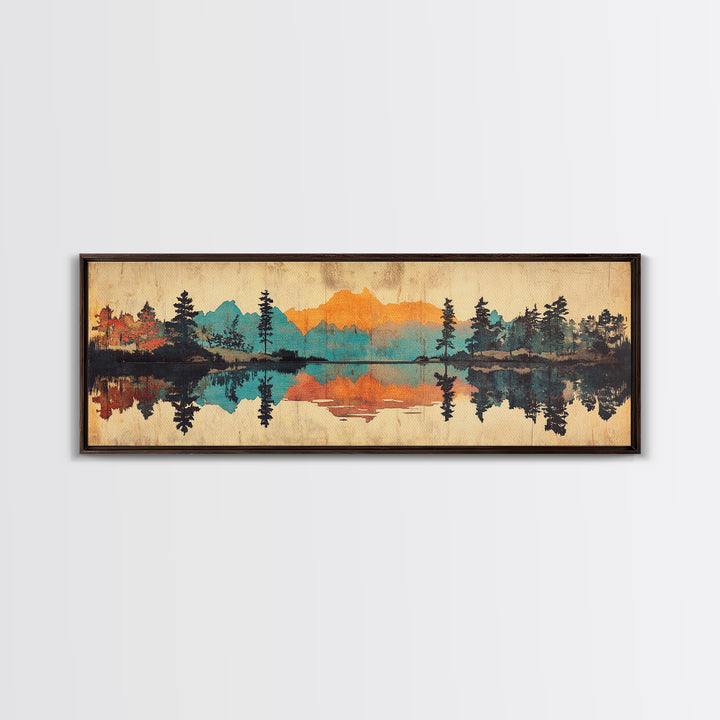 Mountain Lake Reflection Wall Art, Rustic Landscape Canvas Print, Cabin Home Decor, Panoramic Nature Art For Living Room