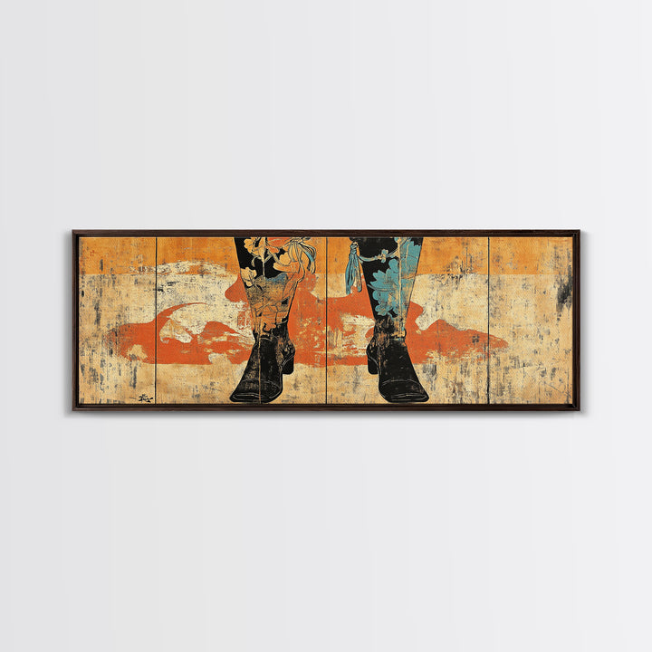 Cowboy Boots And Hat Wall Art, Western Cowgirl Canvas Print, Rustic Ranch Home Decor, Long Horizontal Bedroom Wall Decor