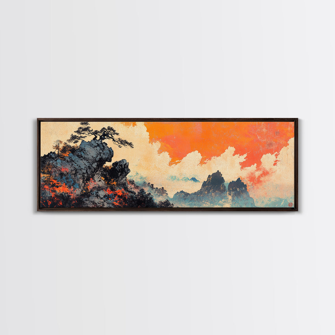 Misty Asian Mountains Wall Art, Orange Sky Landscape Canvas Print, Japanese Zen Home Decor, Dramatic Nature Poster For Living Room
