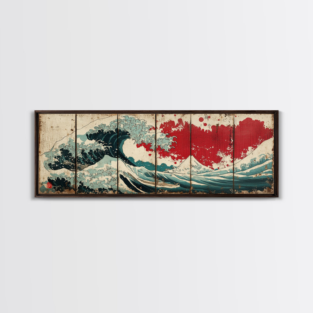 Great Wave Red Sun Wall Art, Japanese Ocean Canvas Print, Coastal Seascape Decor, Panoramic Wave Art Poster For Living Room