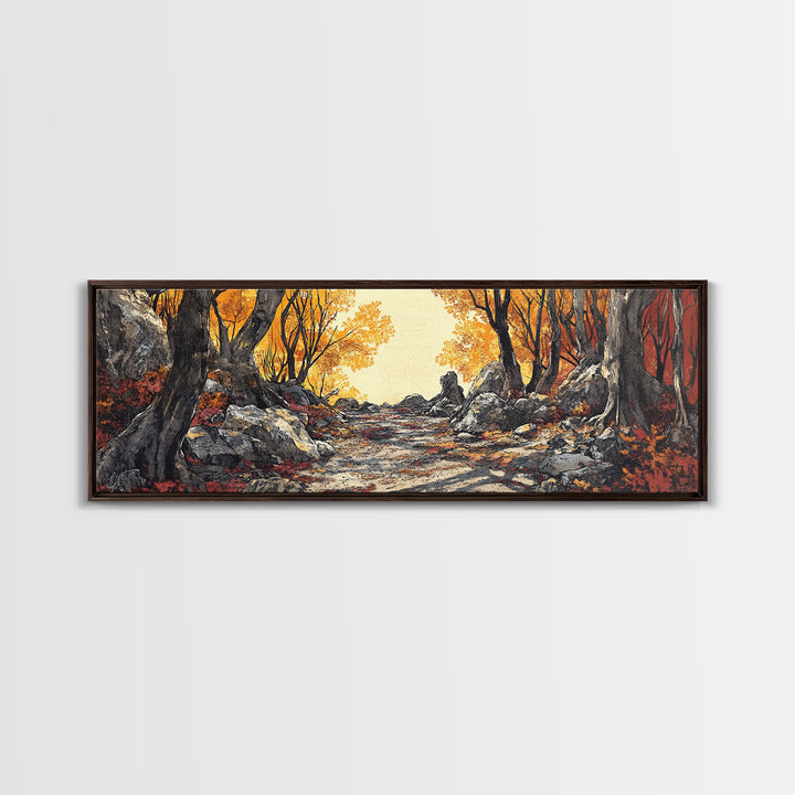 Autumn Forest Path Wall Art, Rustic Landscape Print, Long Horizontal Canvas, Cozy Cabin Decor, Warm Nature Art For Living Room