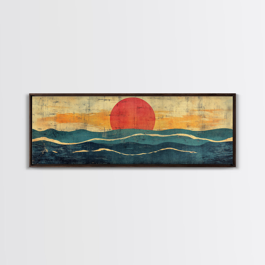 Abstract Ocean Waves Wall Art, Mid Century Coastal Print, Red Sun Seascape, Retro Minimalist Decor For Modern Living Room