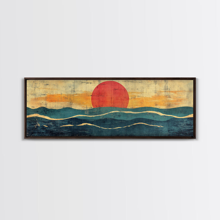 Abstract Ocean Waves Wall Art, Mid Century Coastal Print, Red Sun Seascape, Retro Minimalist Decor For Modern Living Room