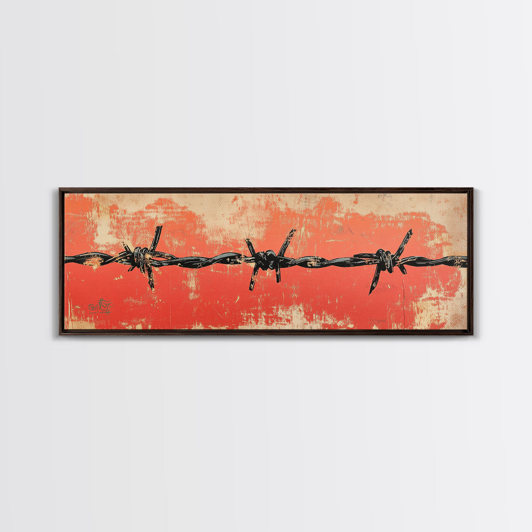 Barbed Wire Fence Wall Art, Western Rustic Print, Industrial Farmhouse Decor, Orange Grunge Canvas For Man Cave Or Office