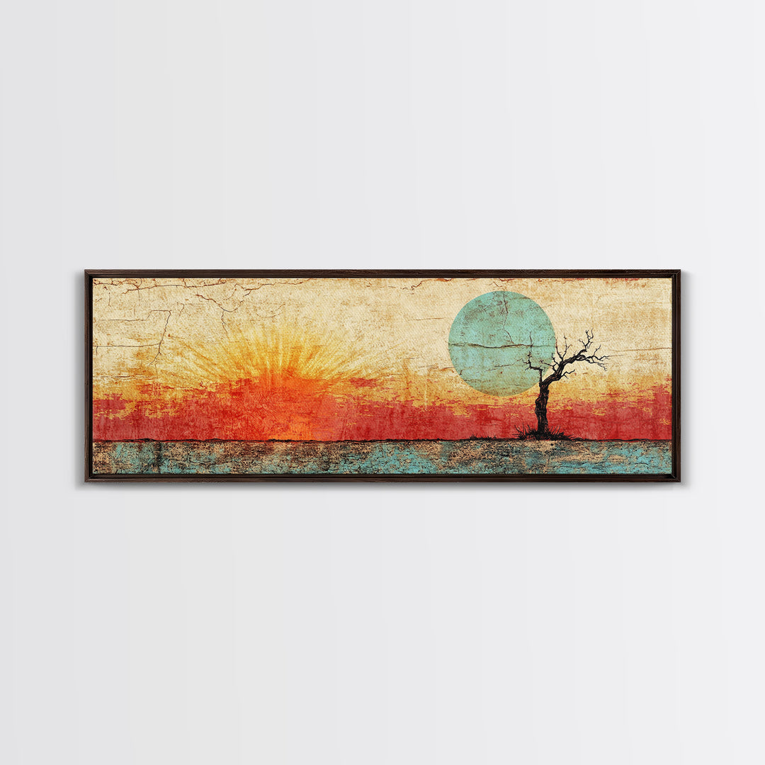 Lone Tree Sunrise Wall Art, Abstract Desert Landscape Print, Mid Century Wabi Sabi Decor, Warm Minimalist Canvas For Living Room