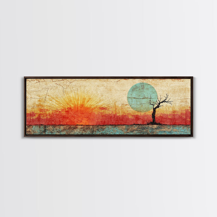 Lone Tree Sunrise Wall Art, Abstract Desert Landscape Print, Mid Century Wabi Sabi Decor, Warm Minimalist Canvas For Living Room