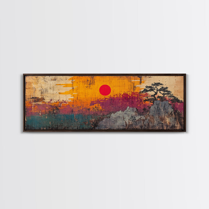 Abstract Mountain Sunset Canvas Print, Japanese Inspired Landscape Wall Art, Bold Orange Teal Decor, Modern Rustic Living Room Print