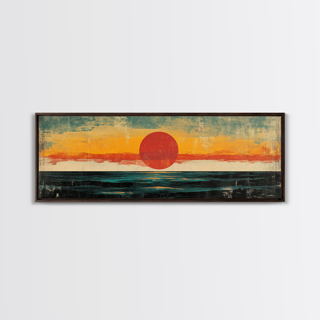 Minimalist Red Sun Ocean Wall Art, Abstract Coastal Landscape Print, Mid Century Modern Decor, Long Horizontal Canvas For Bedroom