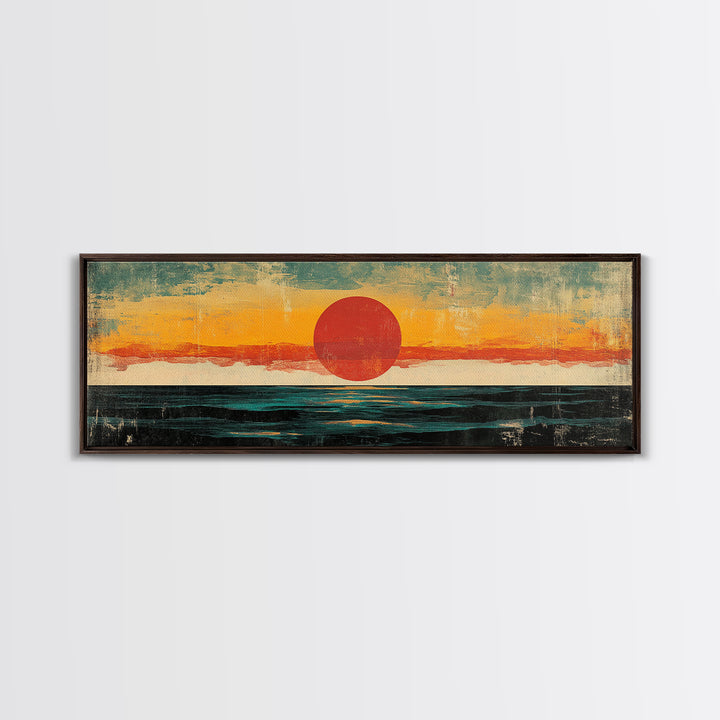 Minimalist Red Sun Ocean Wall Art, Abstract Coastal Landscape Print, Mid Century Modern Decor, Long Horizontal Canvas For Bedroom