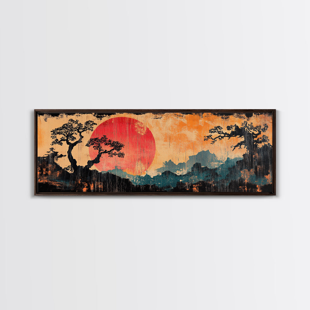 Crimson Sun Behind Misty Mountains Wall Art, Japanese Landscape Canvas Print, Pine Forest Decor, Panoramic Living Room Art