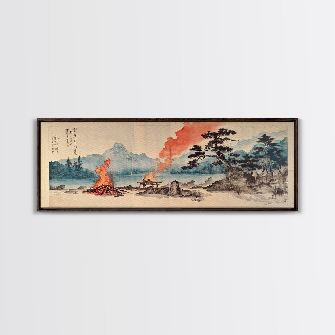 Mountain Campfire By Quiet Lake Wall Art, Japanese Landscape Canvas Print, Zen Nature Decor, Rustic Cabin Home Office Art