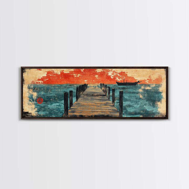 Weathered Pier And Red Sky Wall Art, Japanese Coastal Canvas Print, Ocean Sunset Decor, Large Horizontal Nautical Living Room Art