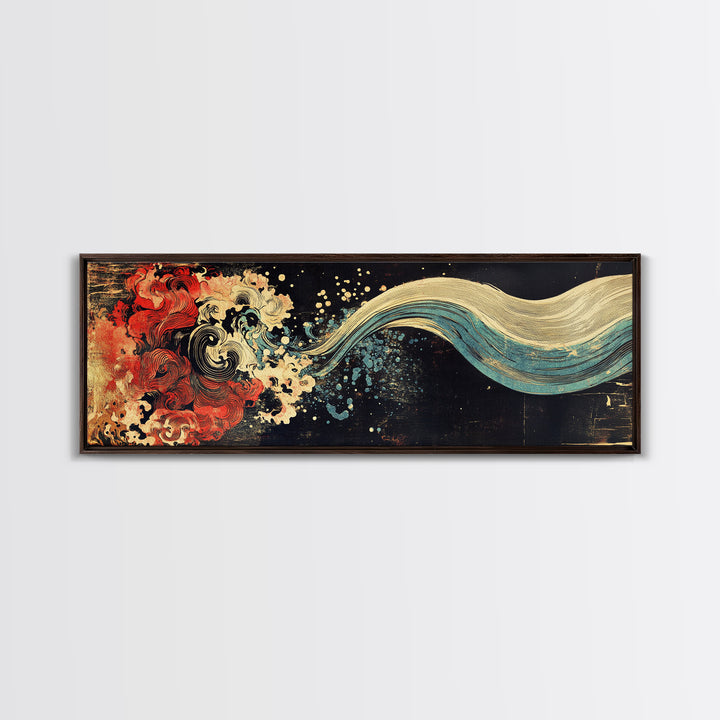 Abstract Red Wave And Flowing Tide Wall Art, Japanese Ocean Canvas Print, Koi Inspired Decor, Contemporary Large Wall Art