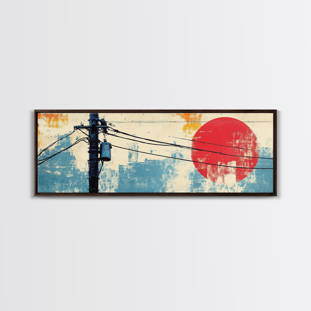 Weathered Utility Pole With Red Sun Canvas Print, Japanese Wall Art, Urban Industrial Decor, Long Horizontal Living Room Art