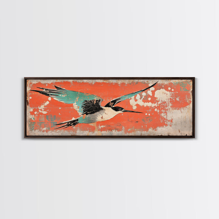 Graceful Teal Crane In Flight Wall Art, Japanese Bird Print, Coastal Wildlife Decor, Long Horizontal Canvas For Living Room