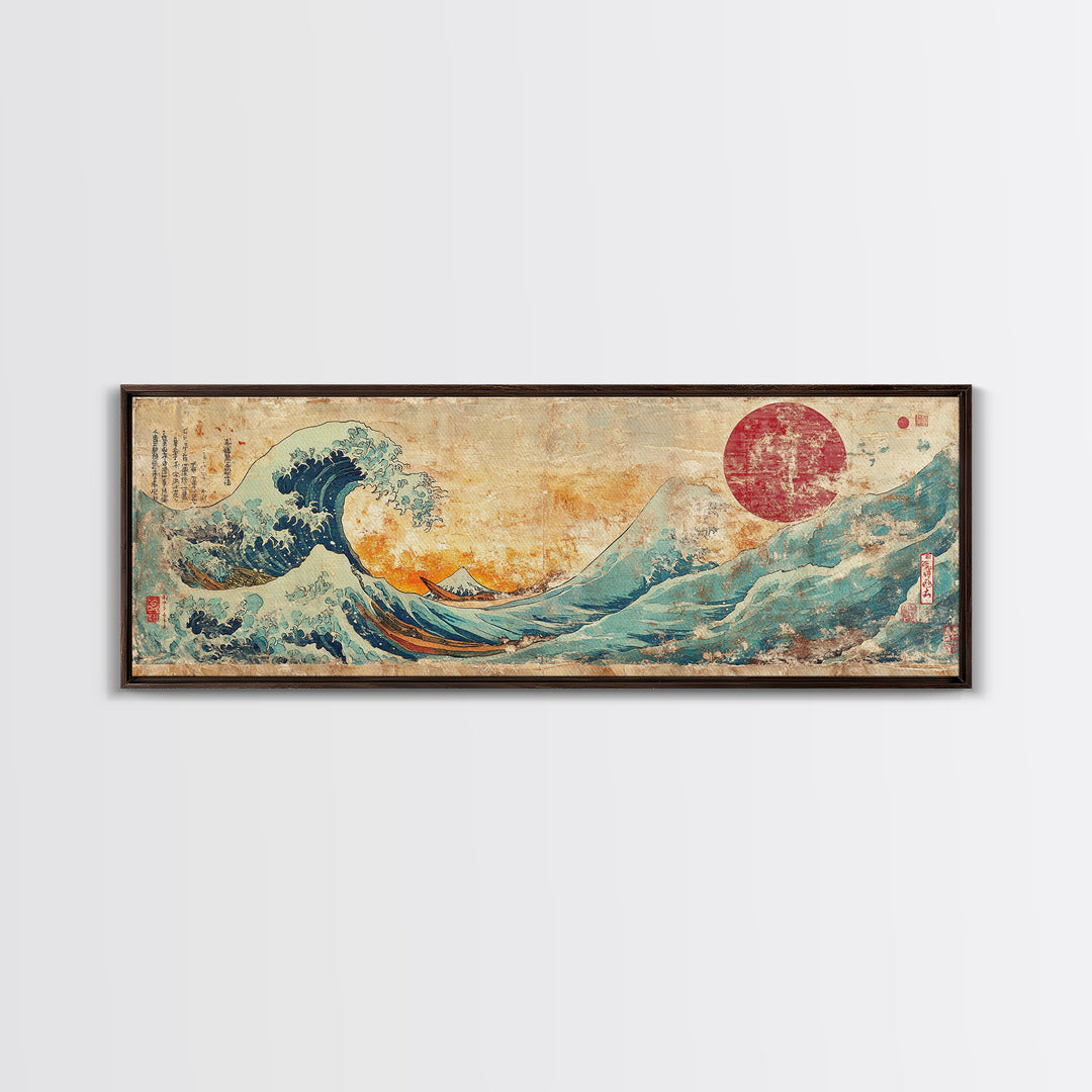 Cresting Blue Wave And Red Sun Framed Canvas Print, Japanese Seascape Wall Art, Coastal Decor For Living Room And Bedroom
