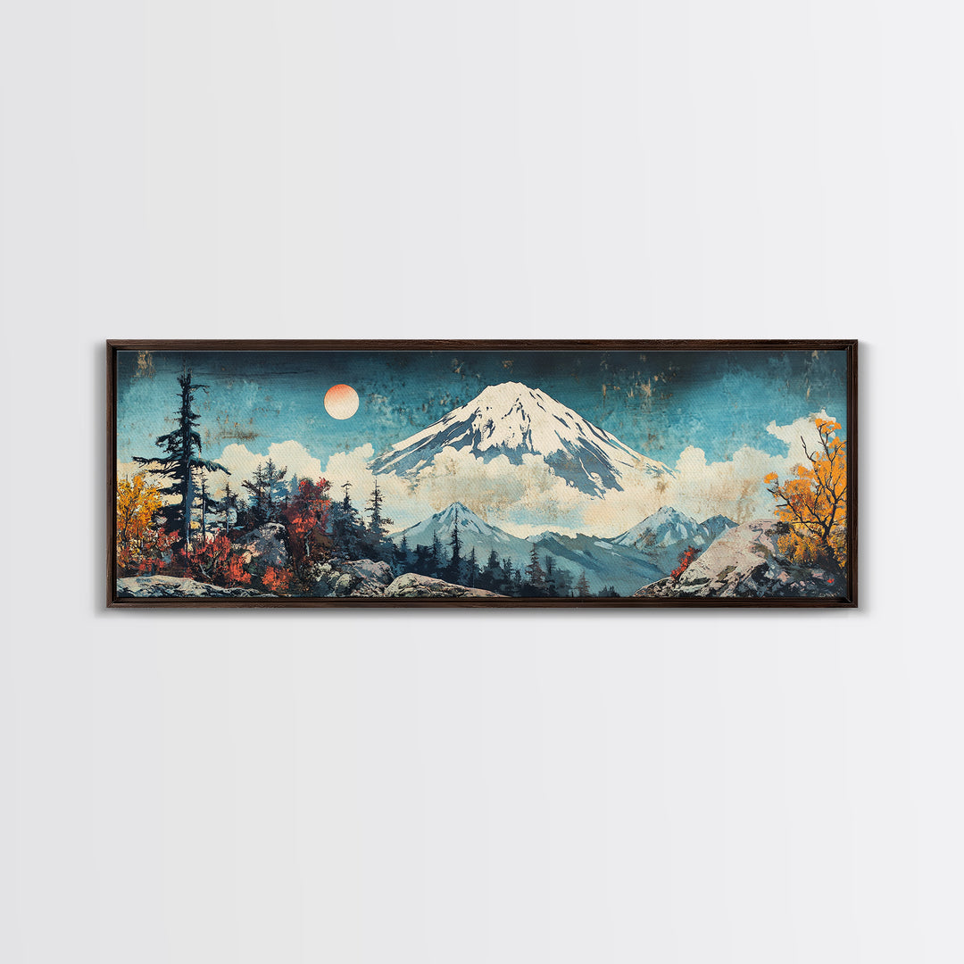 Snowy Mount Fuji With Moonlit Forest Framed Canvas Print, Japanese Mountain Wall Art, Winter Landscape Living Room Decor