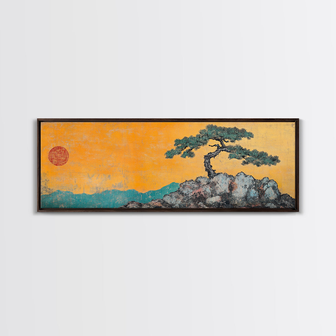 Solitary Pine Tree Canvas Print, Japanese Landscape Wall Art, Zen Home Decor, Japandi Wall Decor, Calming Nature Art Print