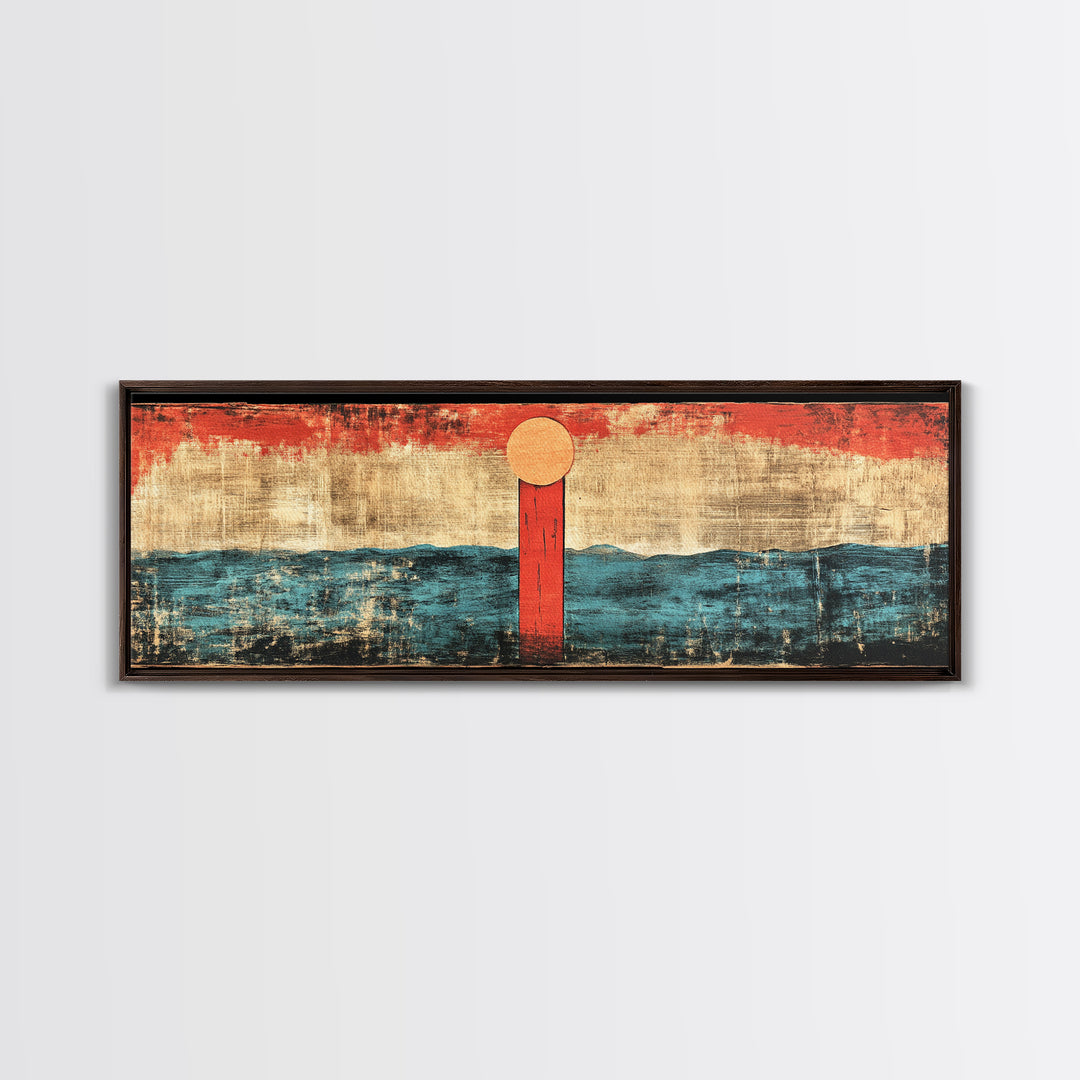 Minimal Red Sun Over Waves Canvas Print, Japanese Seascape Wall Art, Coastal Decor, Abstract Ocean Art, Japandi Home Decor