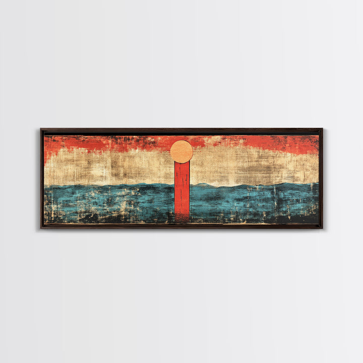Minimal Red Sun Over Waves Canvas Print, Japanese Seascape Wall Art, Coastal Decor, Abstract Ocean Art, Japandi Home Decor