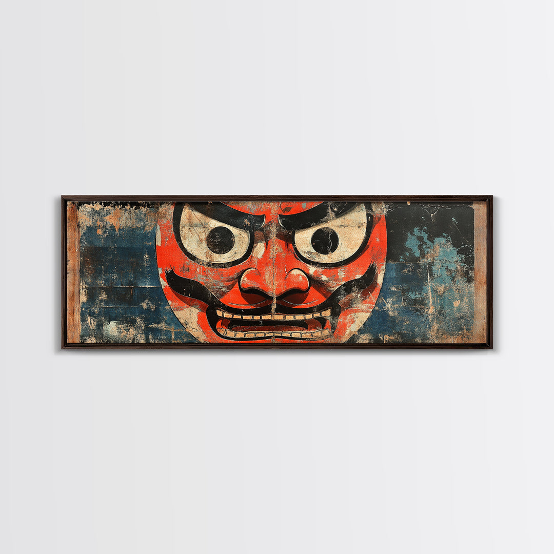 Red Oni Mask Wall Art, Japanese Framed Canvas Print, Asian Inspired Decor, Bold Folk Art, Dramatic Statement Artwork Gift