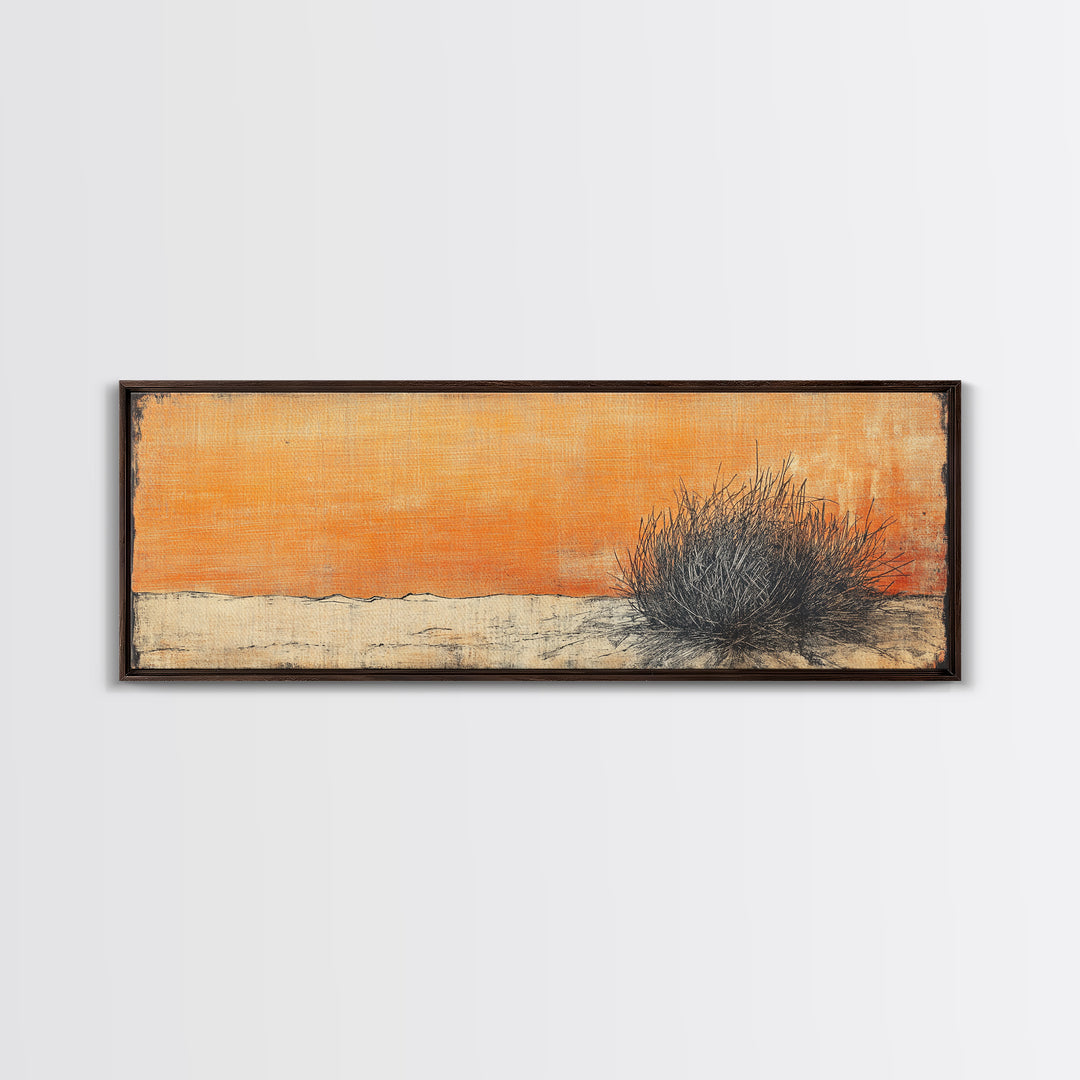 Minimal Desert Tumbleweed Orange Sky Wall Art, Neutral Landscape Canvas Print, Rustic Southwestern Decor, Calm Bedroom Art