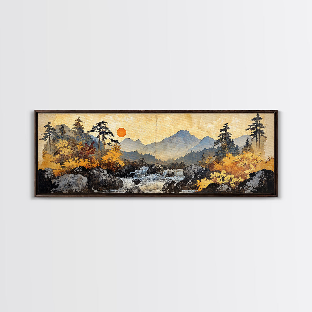 Autumn Mountain River Sunrise Wall Art, Panoramic Landscape Canvas Print, Rustic Cabin Decor, Large Nature Living Room Art
