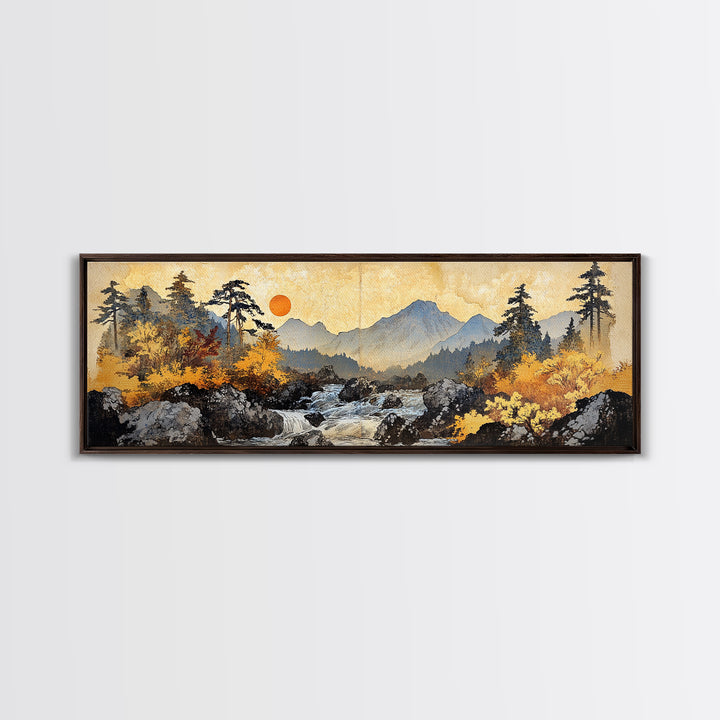 Autumn Mountain River Sunrise Wall Art, Panoramic Landscape Canvas Print, Rustic Cabin Decor, Large Nature Living Room Art