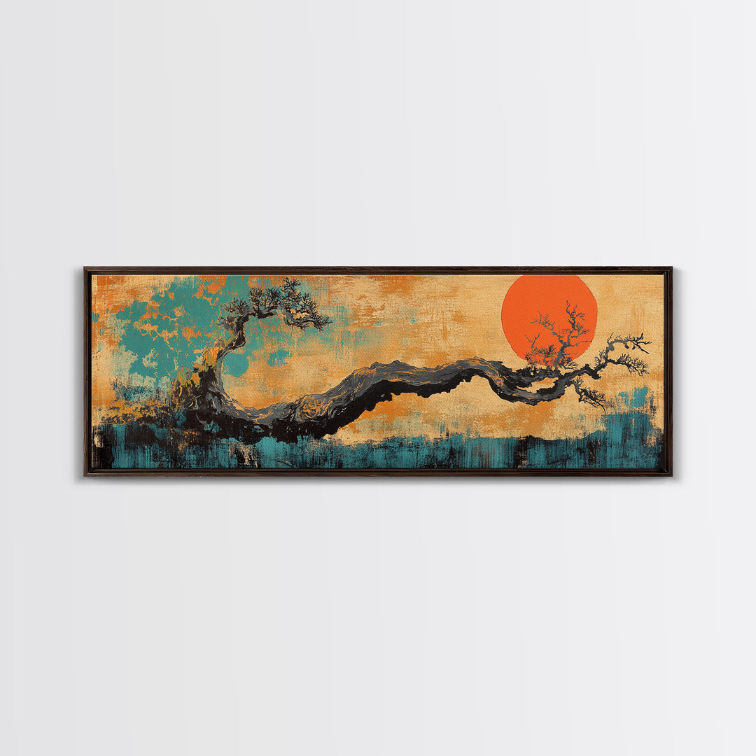 Twisted Bonsai Tree With Red Sun Wall Art, Japanese Landscape Canvas Print, Japandi Asian Decor For Modern Living Room Home Decor