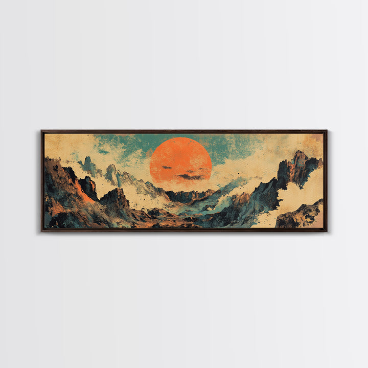 Abstract Mountain Valley With Orange Sun Wall Art, Modern Landscape Canvas Print, Japandi Earth Tone Living Room Home Decor
