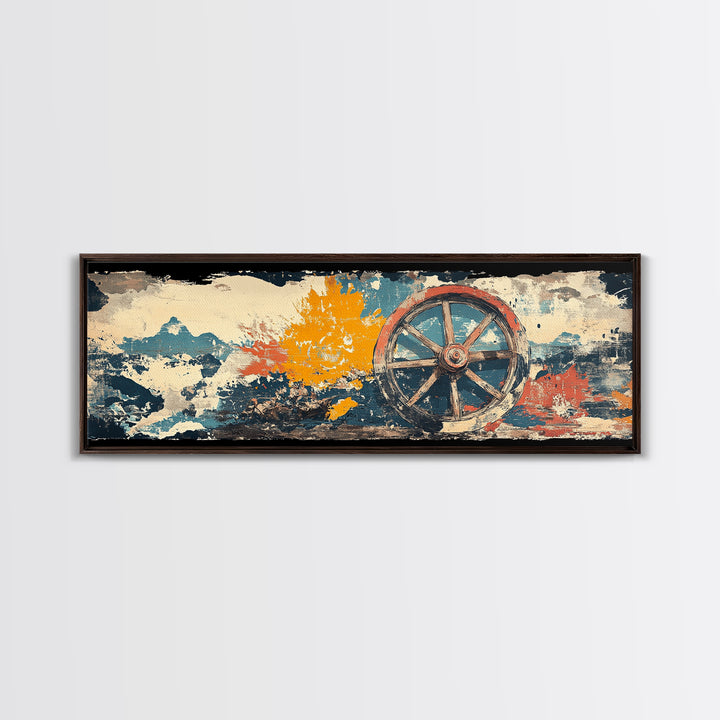 Rustic Wagon Wheel Against Painted Sky Wall Art, Western Canvas Print, Farmhouse Country Decor For Living Room Home Decor