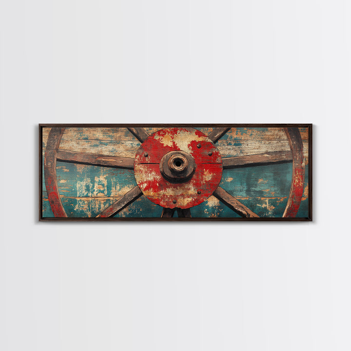 Weathered Wagon Wheel On Turquoise Wood Wall Art, Rustic Western Framed Canvas Print, Farmhouse Decor For Man Cave Home Bar Decor