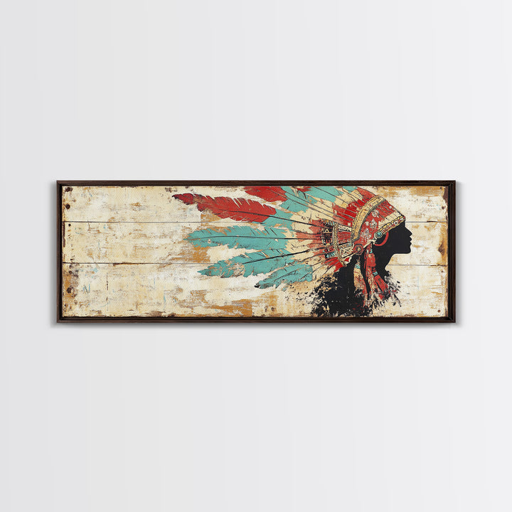 Native American Headdress Silhouette Wall Art, Western Tribal Canvas Print, Rustic Indigenous Decor For Living Room Home Decor