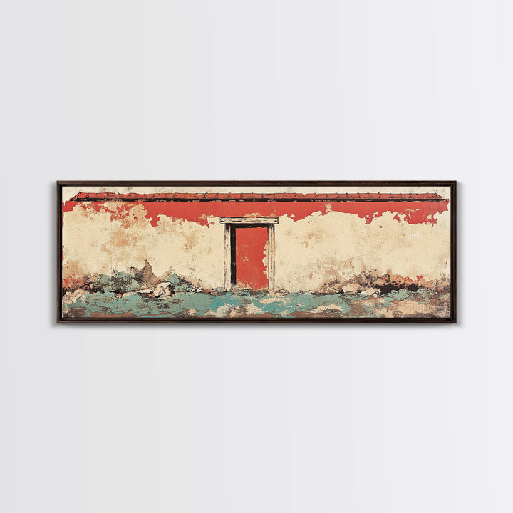 Weathered Red Door Adobe Facade Wall Art, Rustic Southwestern Canvas Print, Farmhouse Entryway Decor, Long Horizontal Art