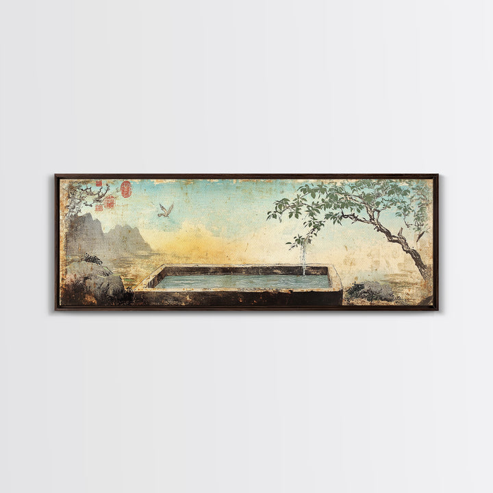 Stone Garden Fountain With Tree Wall Art, Japandi Courtyard Canvas Print, Zen Spa Decor, Asian Inspired Landscape Wall Decor