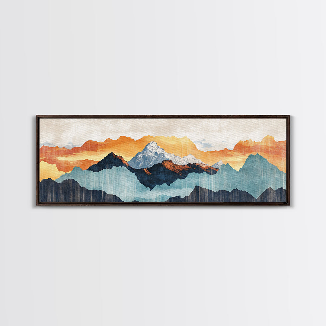 Layered Blue Orange Mountain Range Wall Art, Abstract Landscape Canvas Print, Modern Rustic Decor, Extra Wide Living Room Art