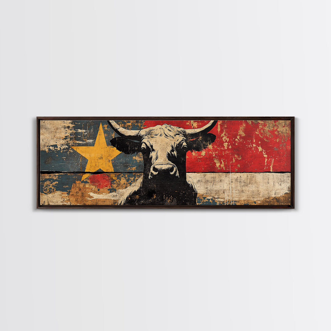 Black Longhorn Bull Texas Flag Wall Art, Western Canvas Print, Rustic Ranch Decor, Cowboy Man Cave Decor, Americana Gift