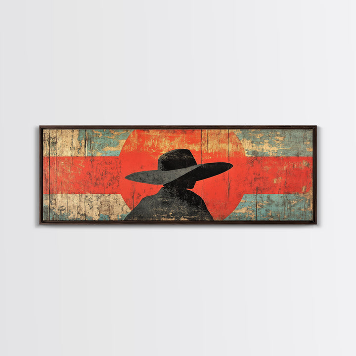 Cowboy Silhouette Red Sun Wall Art, Modern Western Canvas Print, Rustic Ranch Decor, Southwestern Living Room Statement Artwork