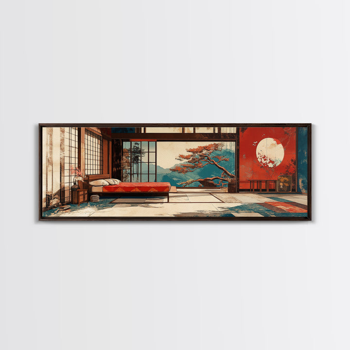 Japanese Bedroom With Moon View Wall Art, Japandi Framed Canvas Print, Zen Home Decor, Above Bed Living Room Wall Decor Print