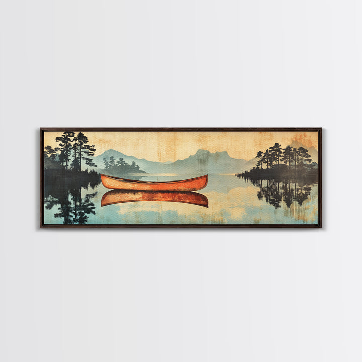 Orange Canoe On Misty Lake Framed Canvas Print, Cabin Wall Art, Rustic Landscape Art, Lake House Living Room Decor, Home Decor