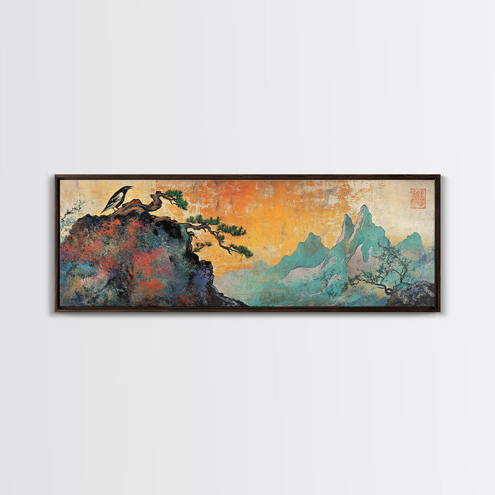 Soaring Bird Rocky Cliff Canvas Print, Teal Mountain Landscape Wall Art, Japanese Nature Art, Large Panoramic Home Decor