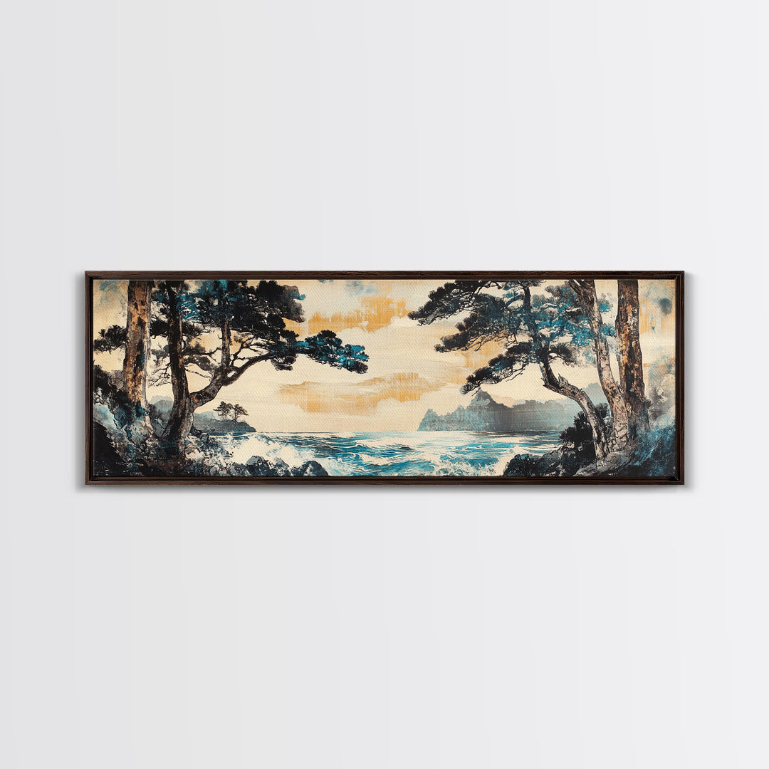 Misty Coastal Cove Canvas Print, Pine Tree Seascape Wall Art, Japanese Inspired Landscape, Large Panoramic Living Room Home Decor